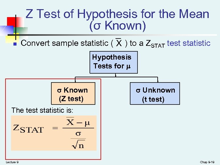 Z Test of Hypothesis for the Mean (σ Known) n Convert sample statistic (