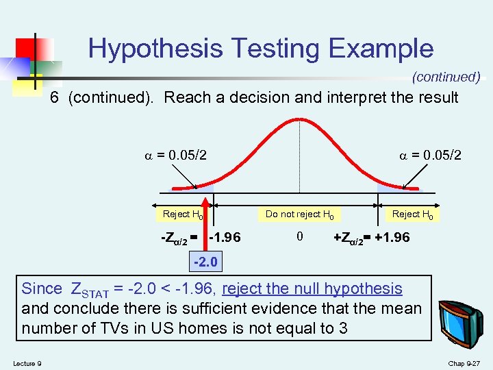 Hypothesis Testing Example (continued) 6 (continued). Reach a decision and interpret the result =
