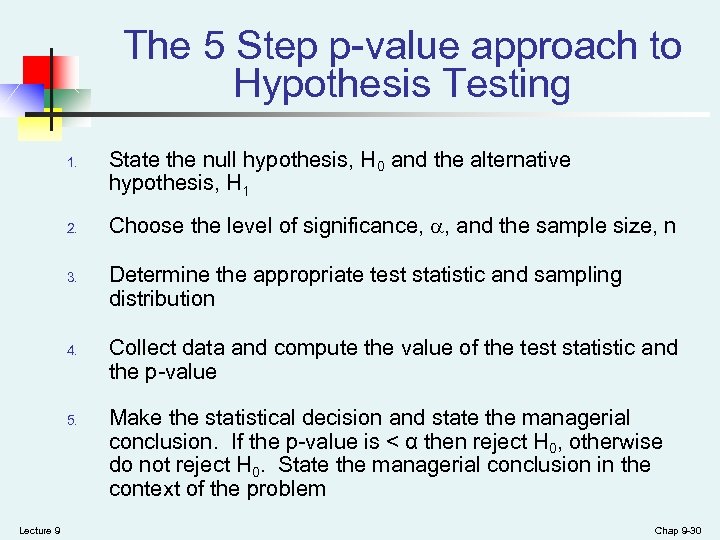 The 5 Step p-value approach to Hypothesis Testing 1. 2. 3. 4. 5. Lecture