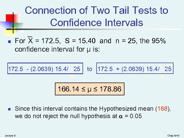 Connection of Two Tail Tests to Confidence Intervals n For X = 172. 5,