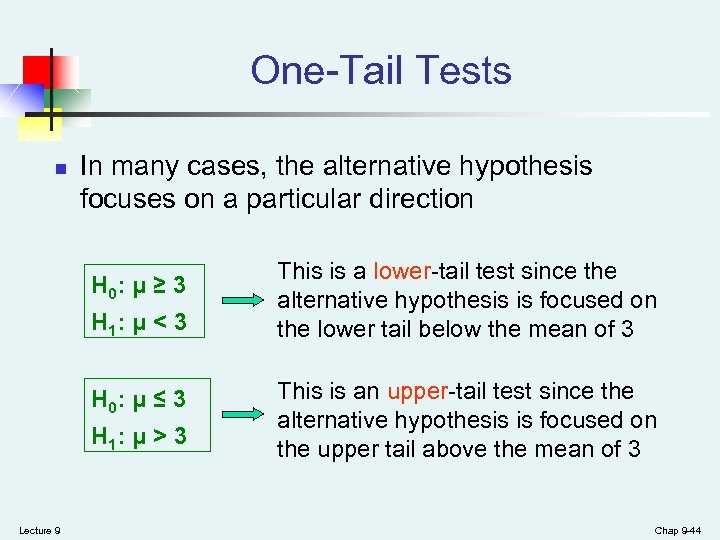 One-Tail Tests n In many cases, the alternative hypothesis focuses on a particular direction