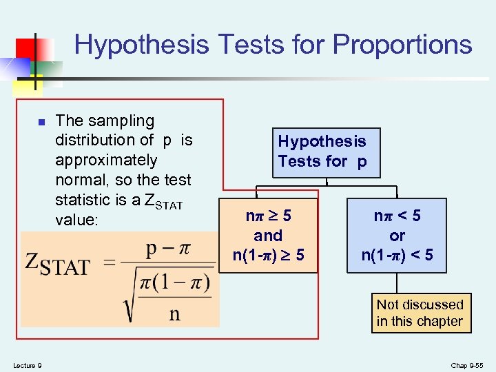 Hypothesis Tests for Proportions n The sampling distribution of p is approximately normal, so