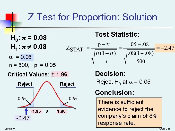 Z Test for Proportion: Solution Test Statistic: H 0: π = 0. 08 H