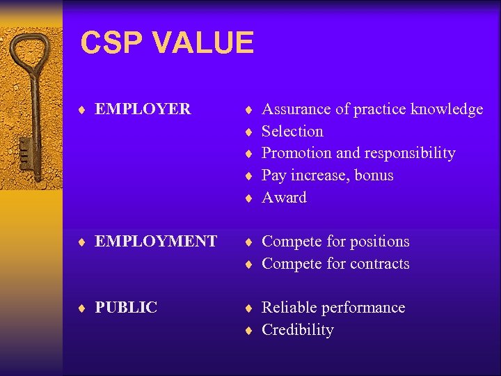 CSP VALUE ¨ EMPLOYER ¨ ¨ ¨ EMPLOYMENT ¨ Compete for positions ¨ Compete