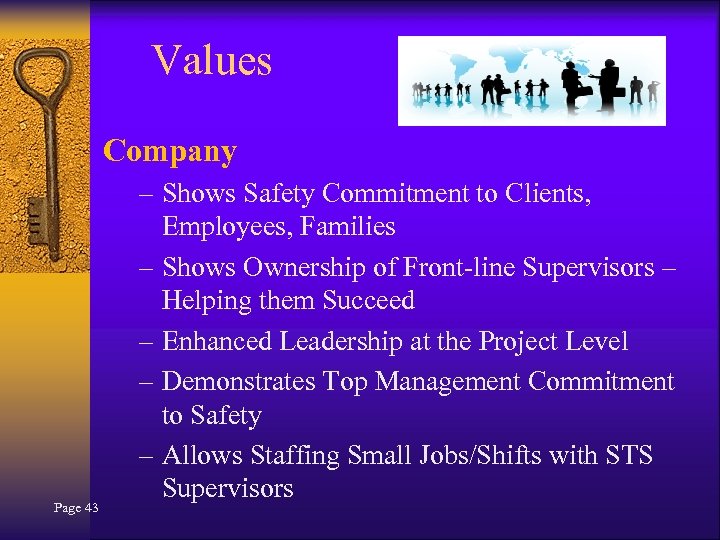 Values Company Page 43 – Shows Safety Commitment to Clients, Employees, Families – Shows