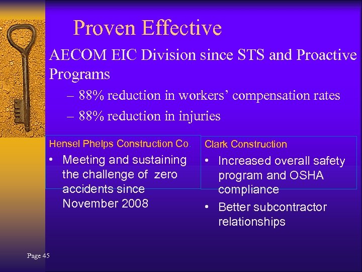 Proven Effective AECOM EIC Division since STS and Proactive Programs – 88% reduction in