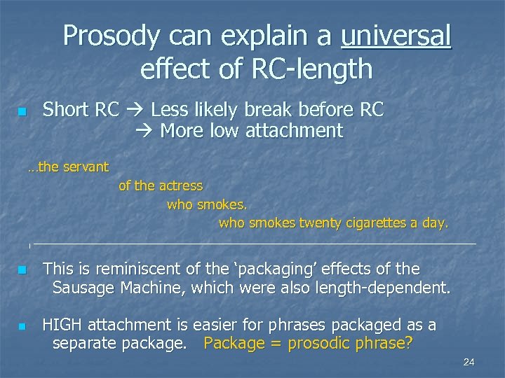 Prosody can explain a universal effect of RC-length n Short RC Less likely break