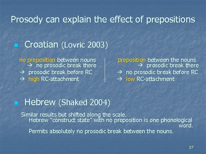 Prosody can explain the effect of prepositions n Croatian (Lovric 2003) no preposition between