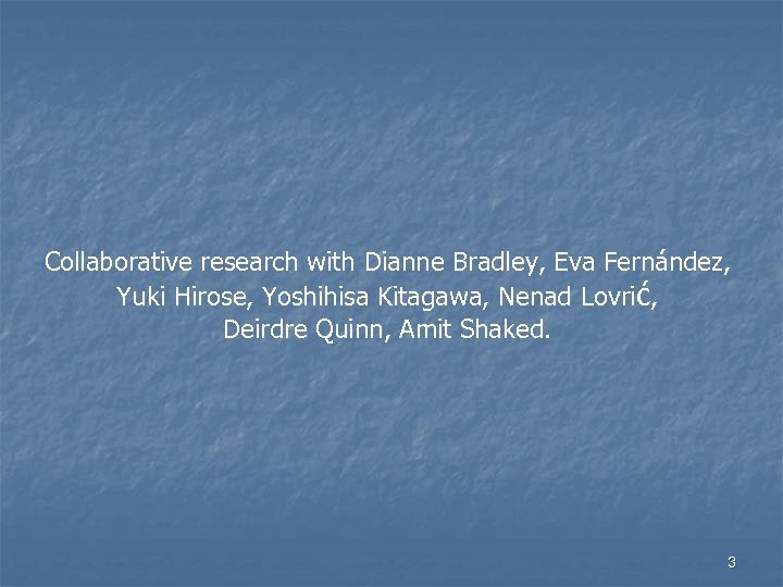 Collaborative research with Dianne Bradley, Eva Fernández, Yuki Hirose, Yoshihisa Kitagawa, Nenad Lovrić, Deirdre