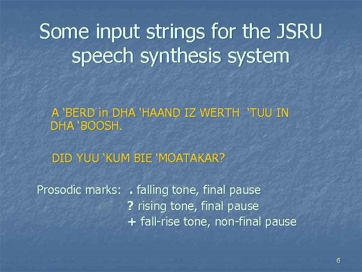 Some input strings for the JSRU speech synthesis system A ‘BERD in DHA ‘HAAND