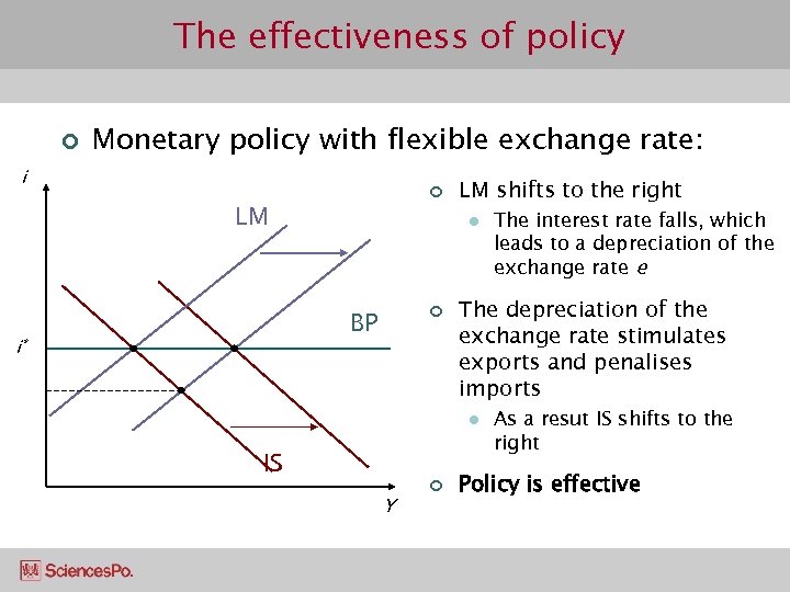 The effectiveness of policy ¢ Monetary policy with flexible exchange rate: i ¢ LM