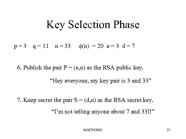 Key Selection Phase p=3 q = 11 n = 33 (n) = 20 e