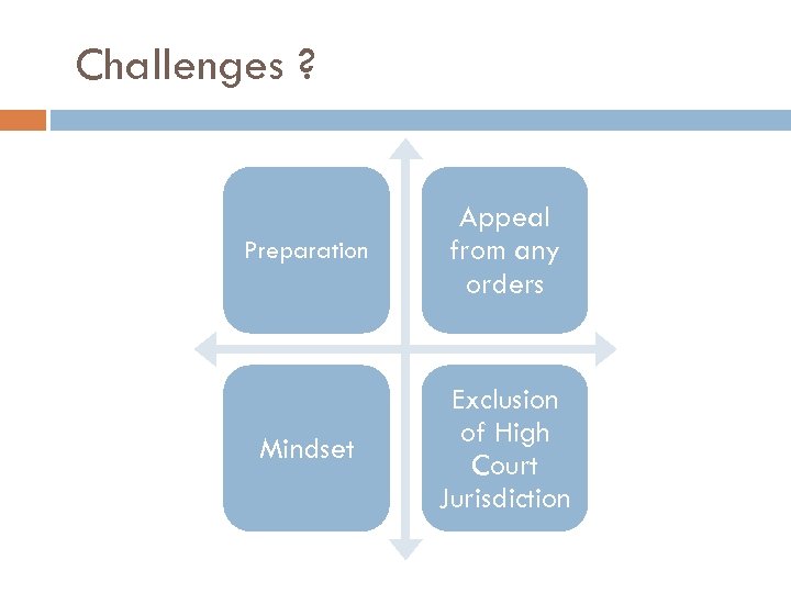 Challenges ? Preparation Appeal from any orders Mindset Exclusion of High Court Jurisdiction 