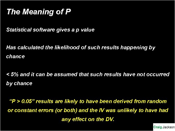 The Meaning of P Statistical software gives a p value Has calculated the likelihood