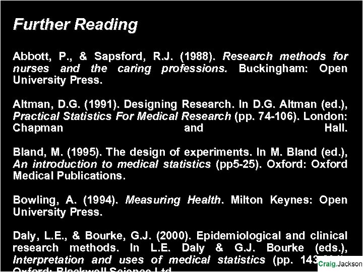 Further Reading Abbott, P. , & Sapsford, R. J. (1988). Research methods for nurses