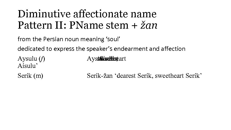 Diminutive affectionate name Pattern II: PName stem + žan from the Persian noun meaning