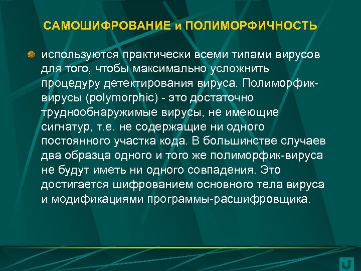 САМОШИФРОВАНИЕ и ПОЛИМОРФИЧНОСТЬ используются практически всеми типами вирусов для того, чтобы максимально усложнить процедуру