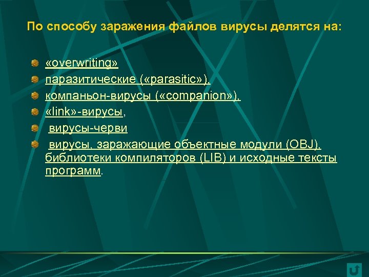 По способу заражения файлов вирусы делятся на: «overwriting» паразитические ( «parasitic» ), компаньон-вирусы (