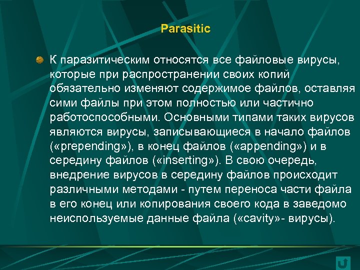 Parasitic К паразитическим относятся все файловые вирусы, которые при распространении своих копий обязательно изменяют