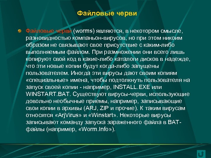 Файловые черви (worms) являются, в некотором смысле, разновидностью компаньон-вирусов, но при этом никоим образом
