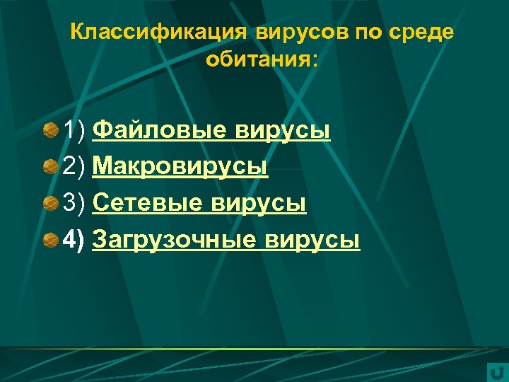 Классификация вирусов по среде обитания: 1) Файловые вирусы 2) Макровирусы 3) Сетевые вирусы 4)