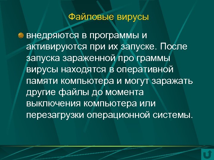 Файловые вирусы внедряются в программы и активируются при их запуске. После запуска зараженной про
