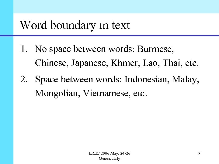 Word boundary in text 1. No space between words: Burmese, Chinese, Japanese, Khmer, Lao,