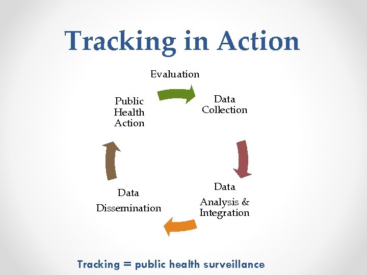 Tracking in Action Evaluation Public Health Action Data Dissemination Data Collection Data Analysis &