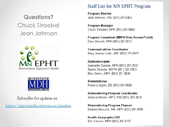 Questions? Chuck Stroebel Jean Johnson Subscribe for updates at: https: //apps. health. state. mn.