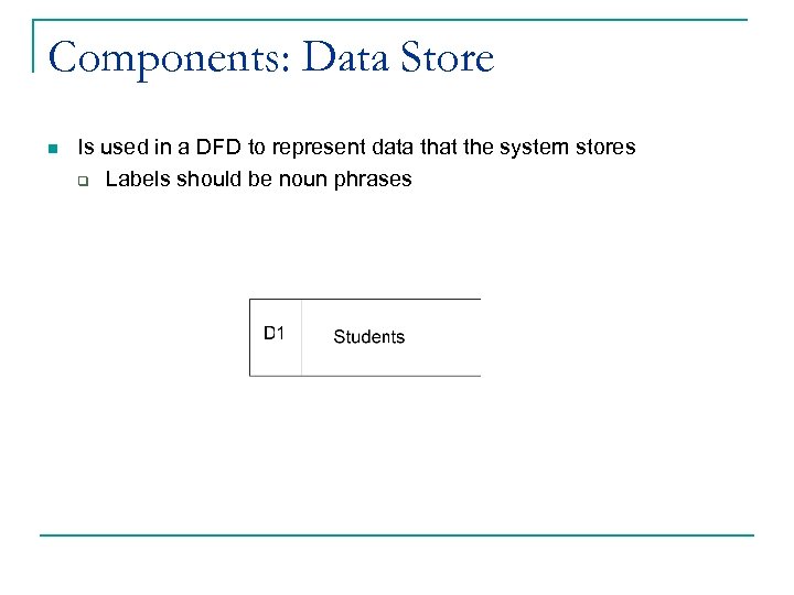 Components: Data Store n Is used in a DFD to represent data that the