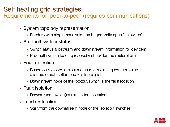 Self healing grid strategies Requirements for peer-to-peer (requires communications) § System topology representation §