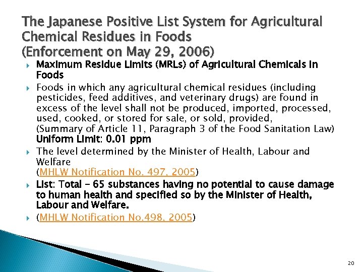 The Japanese Positive List System for Agricultural Chemical Residues in Foods (Enforcement on May