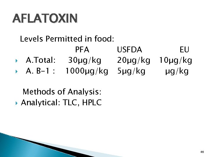 AFLATOXIN Levels Permitted in food: PFA USFDA A. Total: 30µg/kg 20µg/kg A. B-1 :