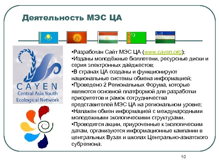 Деятельность МЭС ЦА • Разработан Сайт МЭС ЦА (www. cayen. org); • Изданы молодёжные