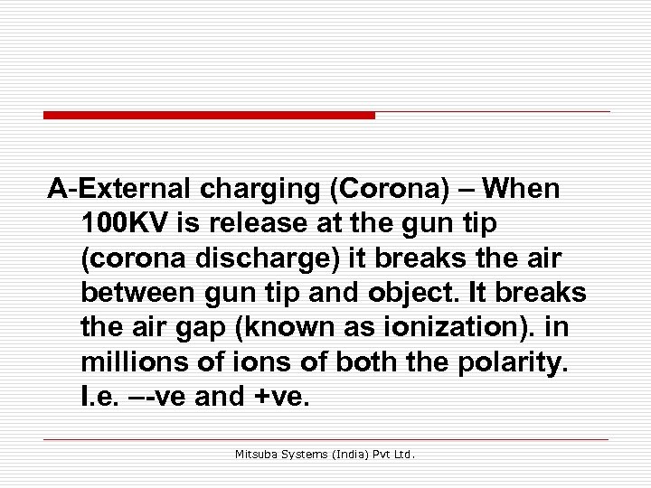 A-External charging (Corona) – When 100 KV is release at the gun tip (corona
