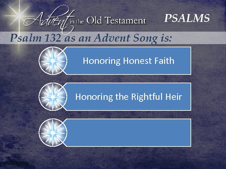 PSALMS Psalm 132 as an Advent Song is: Honoring Honest Faith Honoring the Rightful