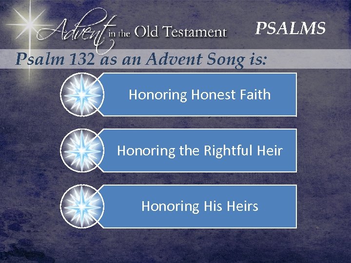 PSALMS Psalm 132 as an Advent Song is: Honoring Honest Faith Honoring the Rightful