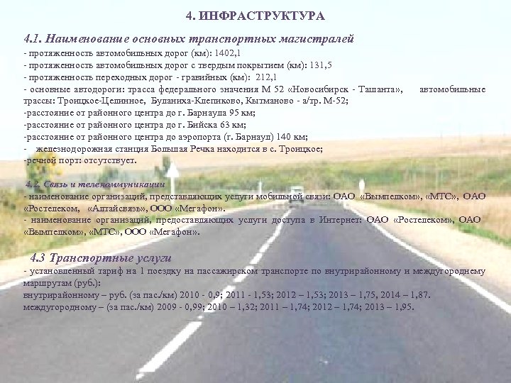 4. ИНФРАСТРУКТУРА 4. 1. Наименование основных транспортных магистралей - протяженность автомобильных дорог (км): 1402,