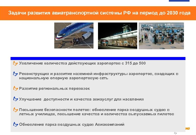 Задачи развития авиатранспортной системы РФ на период до 2030 года Увеличение количества действующих аэропортов