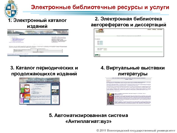 Электронные библиотечные ресурсы и услуги 1. Электронный каталог изданий 3. Каталог периодических и продолжающихся