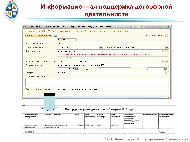 Информационная поддержка договорной деятельности © 2011 Волгоградский государственный университет 