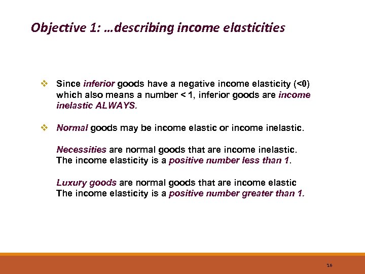 Objective 1: …describing income elasticities v Since inferior goods have a negative income elasticity