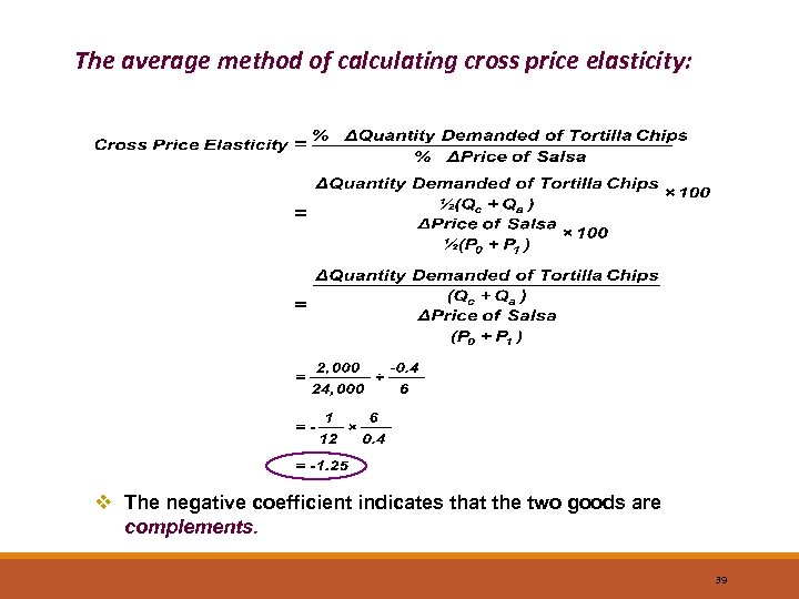 The average method of calculating cross price elasticity: v The negative coefficient indicates that