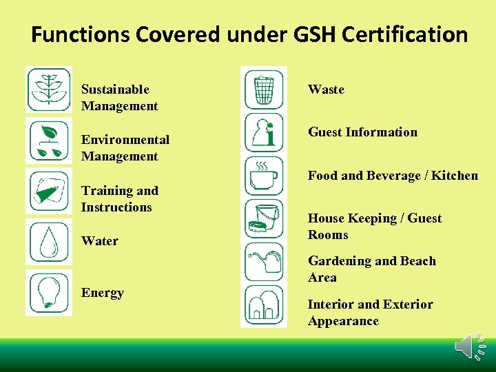 Functions Covered under GSH Certification Sustainable Management Environmental Management Training and Instructions Water Energy