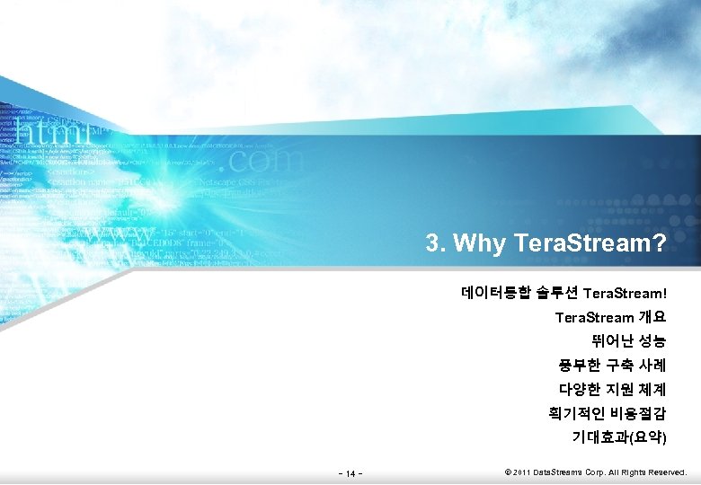3. Why Tera. Stream? 데이터통합 솔루션 Tera. Stream! Tera. Stream 개요 뛰어난 성능 풍부한