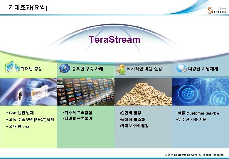 기대효과(요약) Tera. Stream 뛰어난 성능 • Sort 엔진 탑재 • 고속 추출 엔진(FACT)탑재 풍부한
