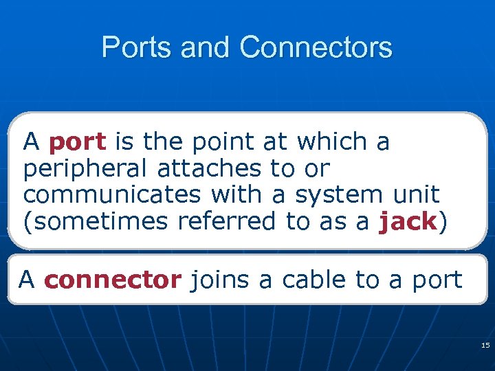 Ports and Connectors A port is the point at which a peripheral attaches to