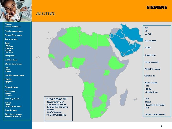 ALCATEL Algeria: -Orascom (and ARPU+) Iran Angola: -ADA Angola Telecom -JV TIJD Burkina Faso: