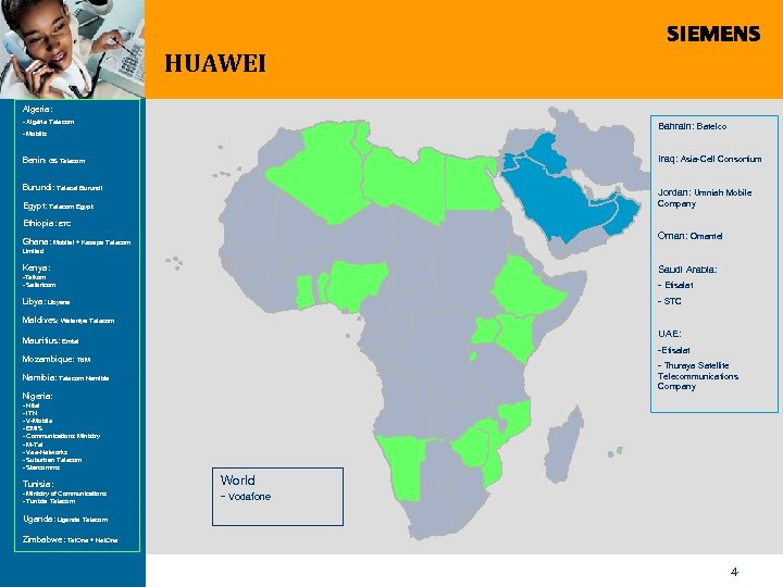 HUAWEI Algeria: - Algérie Telecom Bahrain: Batelco - Mobilis Iraq: Asia-Cell Consortium Benin: GS