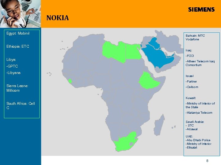 NOKIA Egypt: Mobinil Bahrain: MTC Vodafone Ethiopia: ETC Iraq: -FCCI Libya: -GPTC -Libyana -Atheer